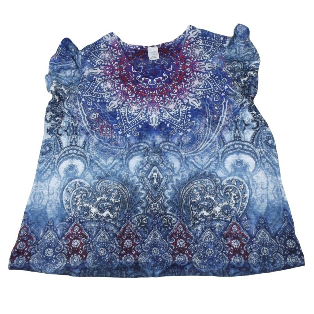 Women Cosmic Paisley Sparkle Top in Shades of Blue and Pink size Large JH926